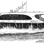 1528 | Aviation Art of Joe Milich Black and white illustration of a sleek motor yacht speeding across the water with wake behind it.