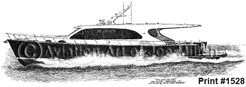Black and white illustration of a sleek motor yacht speeding across the water with wake behind it.
