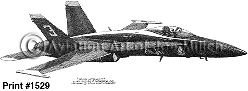 1529 | Aviation Art of Joe Milich Black-and-white illustration of a twin-seat fighter jet in profile with swept wings, cockpit canopy visible, and 'Print #1529' text in the bottom left.