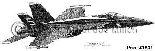 1531 | Aviation Art of Joe Milich Side view of a modern fighter jet in flight, angled left with cockpit canopy visible (black-and-white photograph).