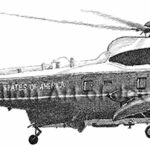 1534 | Aviation Art of Joe Milich Military helicopter with 'United States of America' on the fuselage, landing gear down, rotor blades in motion in a black-and-white photo.