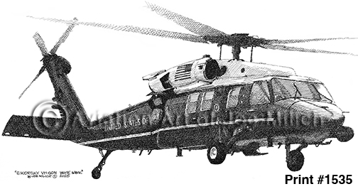 1535 | Aviation Art of Joe Milich Side view of a US Marine Corps CH-46 Sea Knight helicopter in flight with landing gear down; 'Print #1535' appears in the bottom right.