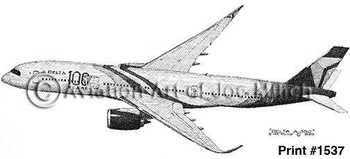 1537 | Aviation Art of Joe Milich Side-profile black-and-white illustration of a Delta Air Lines Airbus A350 jet, with 'Print #1537' in the bottom-right corner.