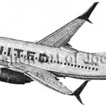 Black-and-white illustration of a wide-body United jet in flight with 'UNITED' lettering along the fuselage.