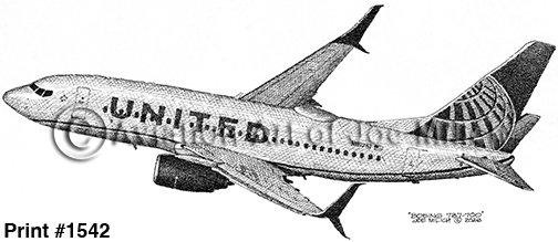 1542 | Aviation Art of Joe Milich Black-and-white illustration of a wide-body United jet in flight with 'UNITED' lettering along the fuselage.