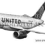 1543 | Aviation Art of Joe Milich Side view of a United Airlines jet in flight, with wing, engine under the wing, and tail visible.