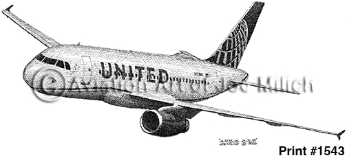 1543 | Aviation Art of Joe Milich Side view of a United Airlines jet in flight, with wing, engine under the wing, and tail visible.