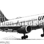 1544 | Aviation Art of Joe Milich Black-and-white illustration of a United Airlines jet taking off; includes the caption 'Print #1544' in the bottom left.