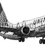 1545 | Aviation Art of Joe Milich Black-and-white illustration of a United Airlines jet with landing gear down, with 'Print #1545' visible in the bottom right.