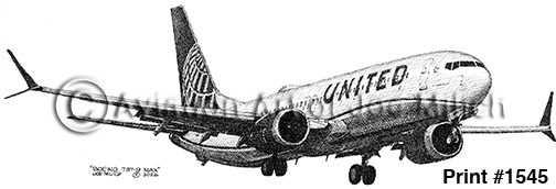 1545 | Aviation Art of Joe Milich Black-and-white illustration of a United Airlines jet with landing gear down, with 'Print #1545' visible in the bottom right.