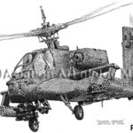 1546 | Aviation Art of Joe Milich Grayscale illustration of an AH-64 Apache attack helicopter in flight, side view with weapons mounted under the fuselage.