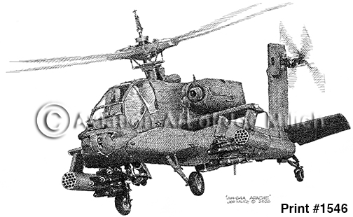 1546 | Aviation Art of Joe Milich Grayscale illustration of an AH-64 Apache attack helicopter in flight, side view with weapons mounted under the fuselage.